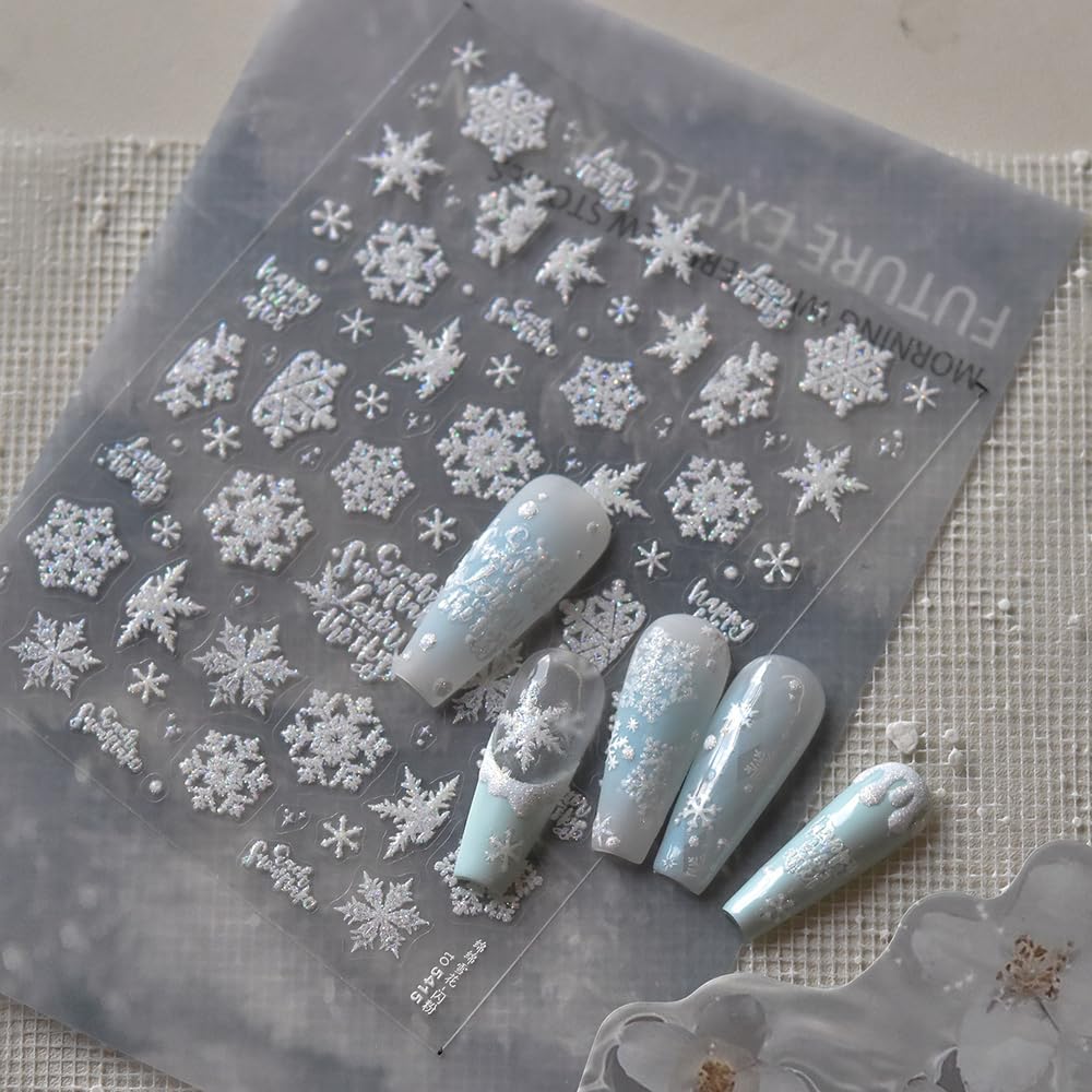 SoftSoul Snowflake Nail Stickers, 5D Embossed, White with Silver Accent, Premium Salon-Quality, Easy Application, Self-Adhesive, DIY Manicure, Nail Art, Press on, Home or Salon Use