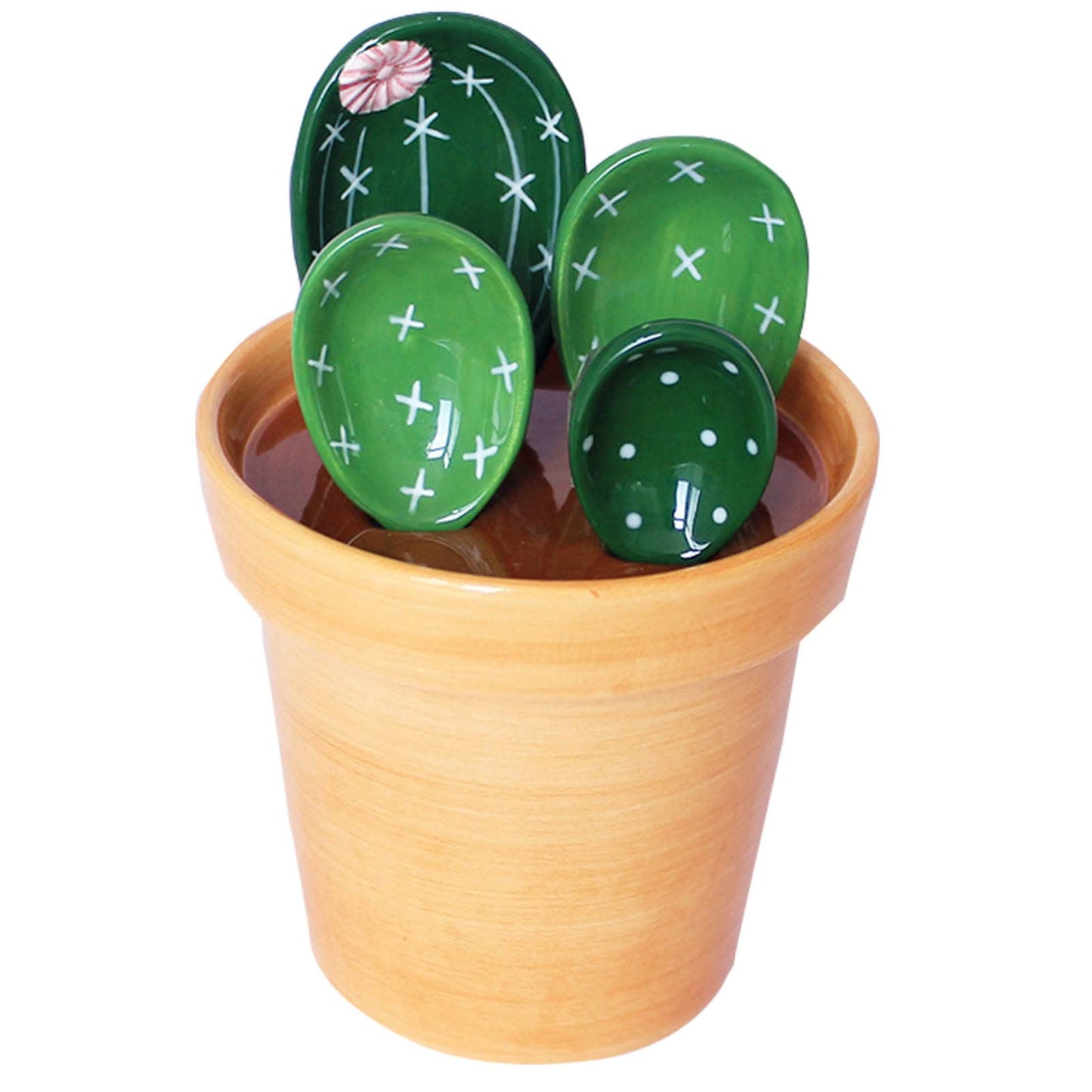 GICEY Cactus Measuring Spoons Set in Pot Ceramic Cute Small Cacti Measuring Spoons and Cups Green for Baking,Salt, Sugar Housewarming Gifts (Green）