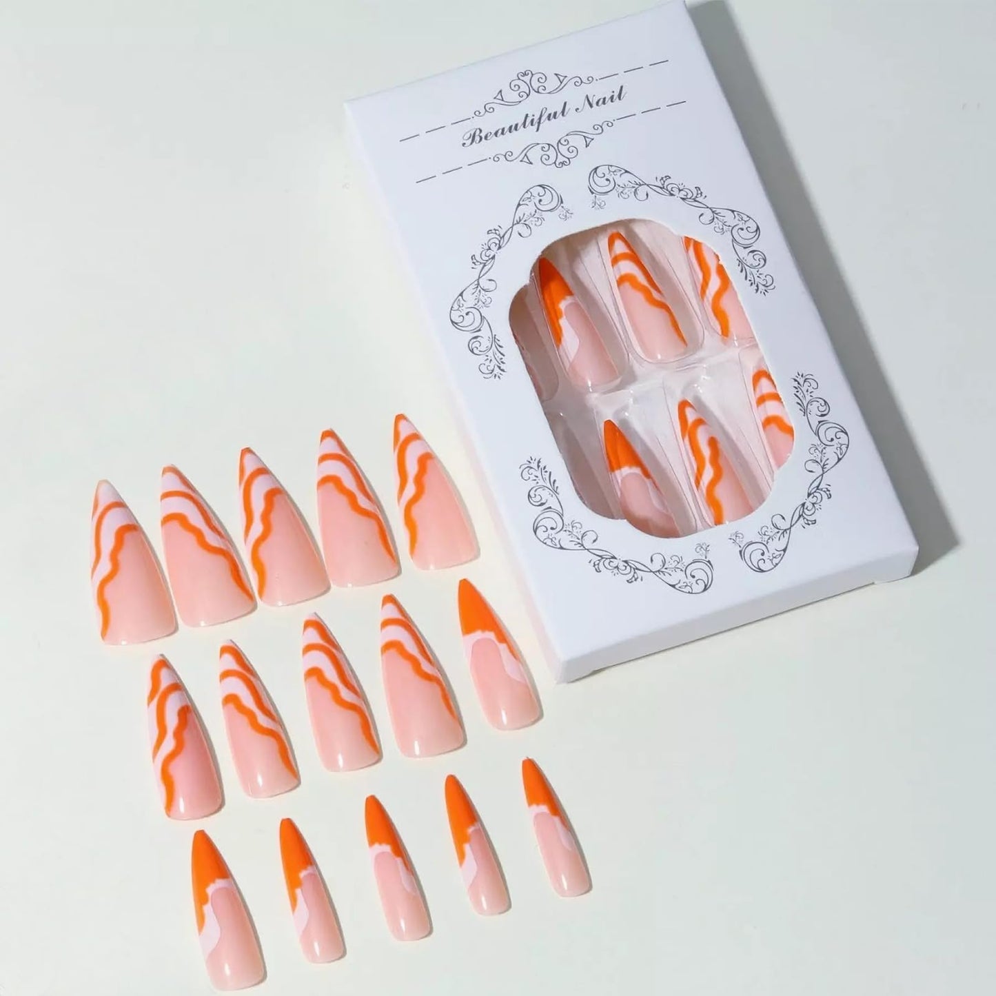 MISUD Press on Nails - Long Stiletto Glue on Nails with Orange Swirl, Acrylic Summer Design 24 pcs