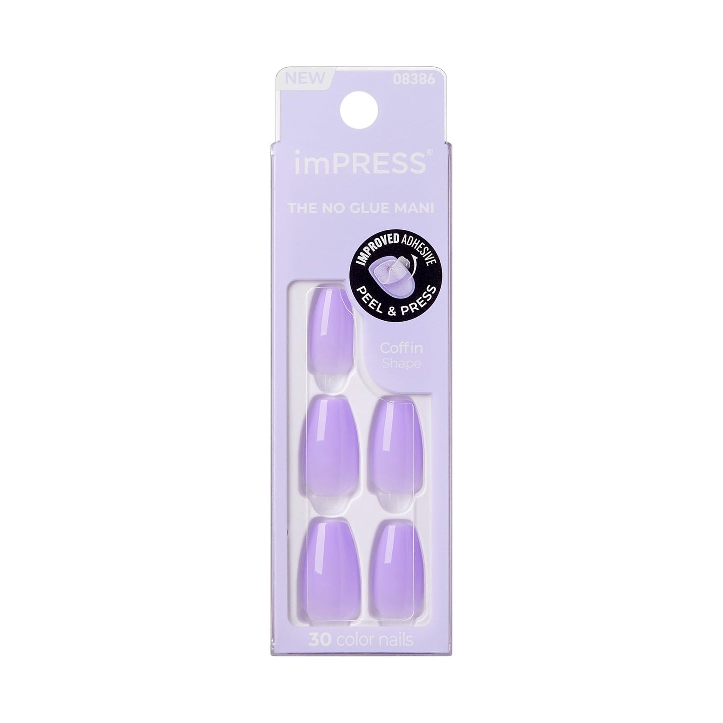 KISS Impress No Glue Mani 30 Pcs Press on Nails, Medium Coffin Design Nail, Solid Purple Lavender Print, Simple Peel & Press Easy Apply, Hassle-Free Removal, Essential Tools Included