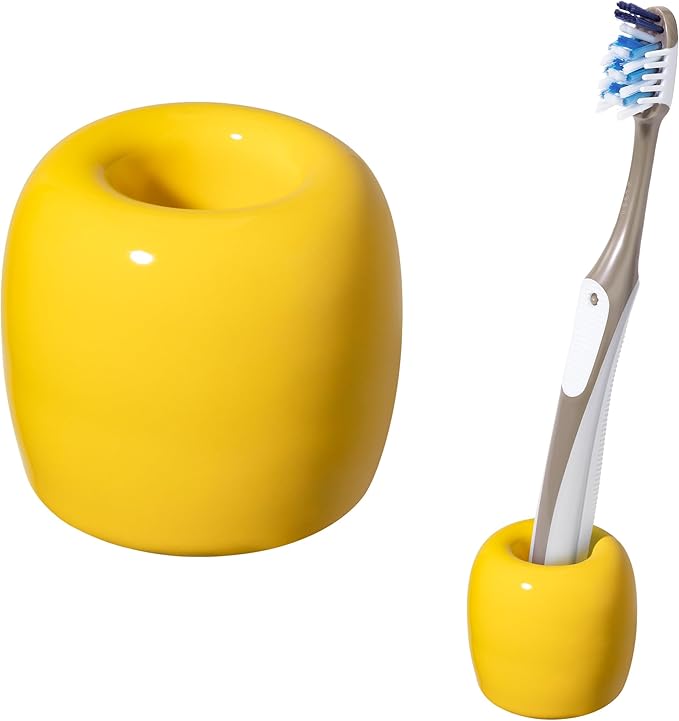 Urbanstrive Ceramic Toothbrush Holders for Bathrooms, Sleek Tooth Brush Holder Toothbrush Stand Tooth Brushing Holder, Portable Bathroom Accessories Organizer, Yellow, 1 Pack