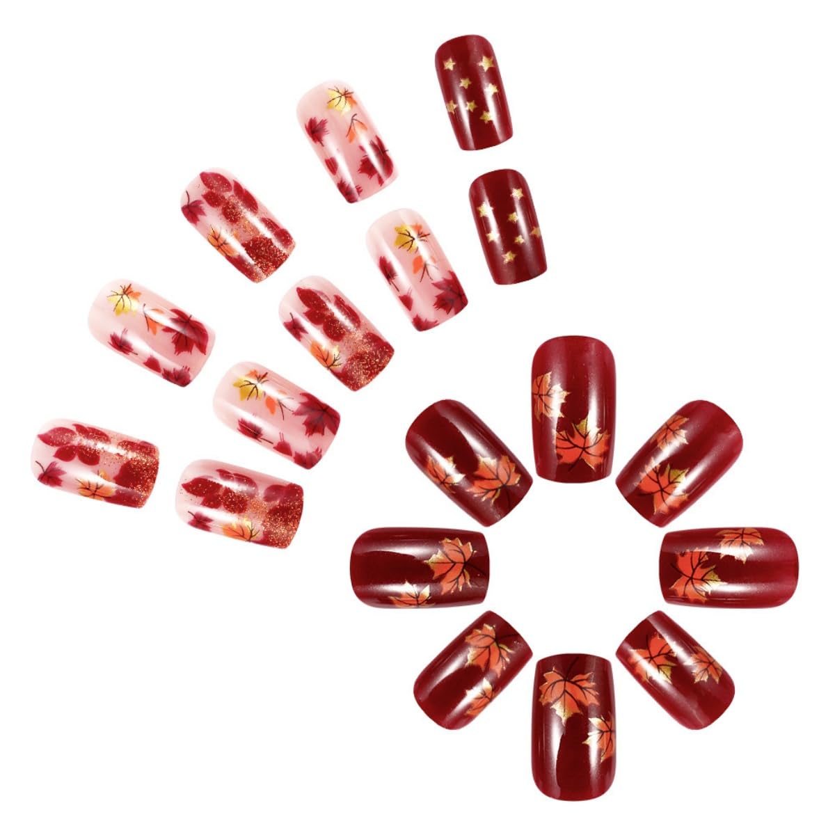 Thanksgiving Press on nails Medium Square Fake Nails with Maple Leaves Design Stick on Nails Gold Glitter False Nails Fall Full Cover Acrylic Glue on Nail for Women Nail Art Decoration 24Pcs