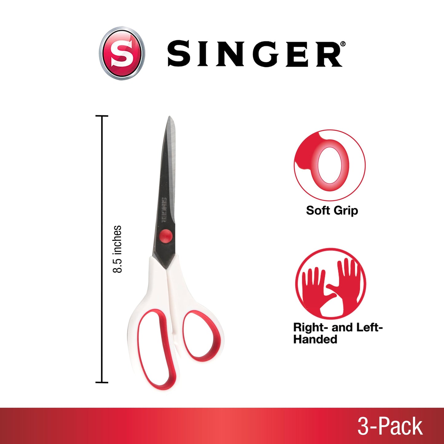 SINGER 00445 8-1/2-Inch, 3-Pack Fabric Scissors with Comfort Grip, Red & White
