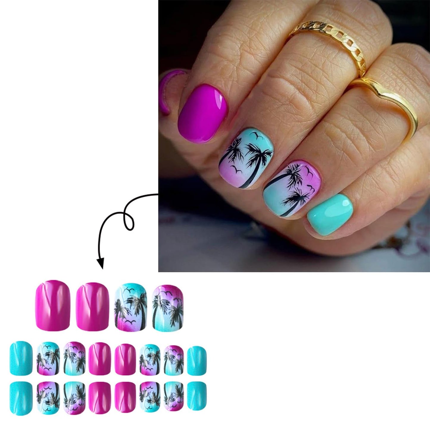 Short Square Press on Nails Spring Summer Fake Nails with Tropical Palm Tree Gradient Designs Full Cover Stick on False Nail Set for Women 24 Pcs