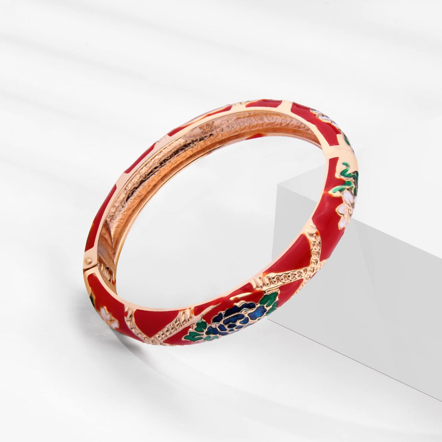 UJOY Gorgeous Bracelets Enameled Floral Cloisonne Gift Plated Cuff Bangles Jewelry Sets Box for Women 55A127-55A128 red