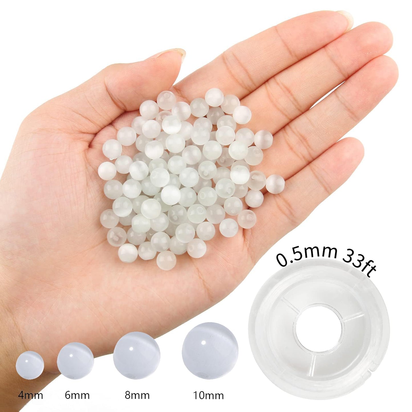 NITOPUPU 100Pcs 8mm Natural Smooth White Cat Eye Beads Round Loose Gemstone Stone Beads for Jewerly Making with Crystal Stretch Cord