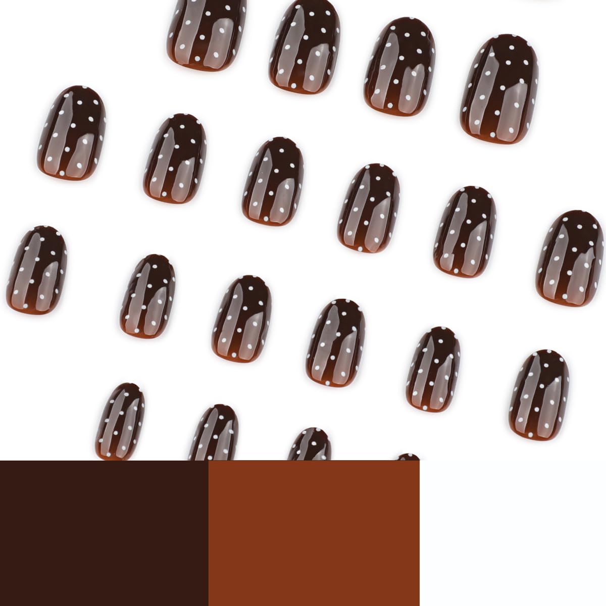 Brown Press on Nails Short Oval Fake Nails White Polka Dot Design Full Cover Glossy Glue on Nails for Women 24PCS