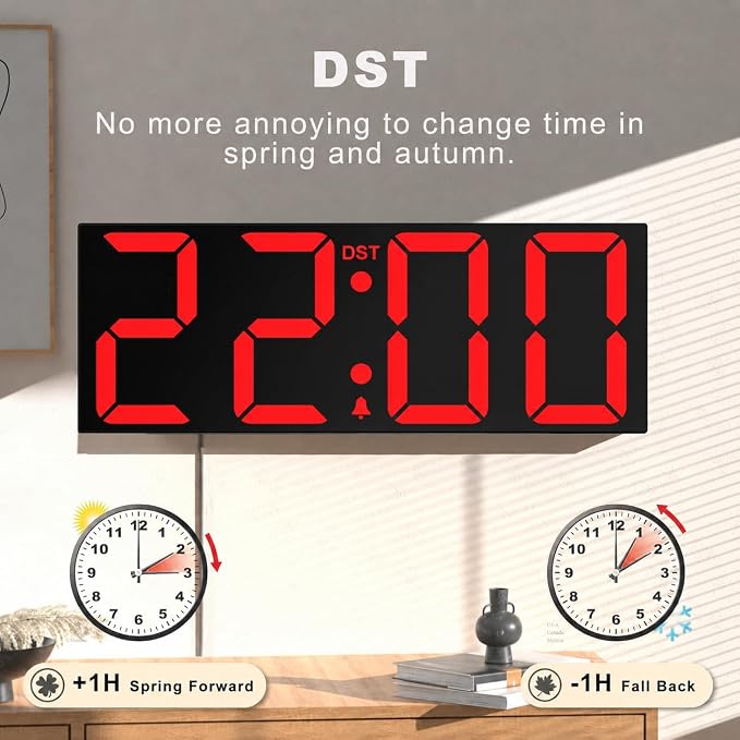JALL 22" Large Digital Wall Clock, Big LED Display with Night Light, Auto Dimming & DST, Giant Alarm Clock for Seniors, Elderly Parents, Gift for Mom Dad (Black Shell Red Font)