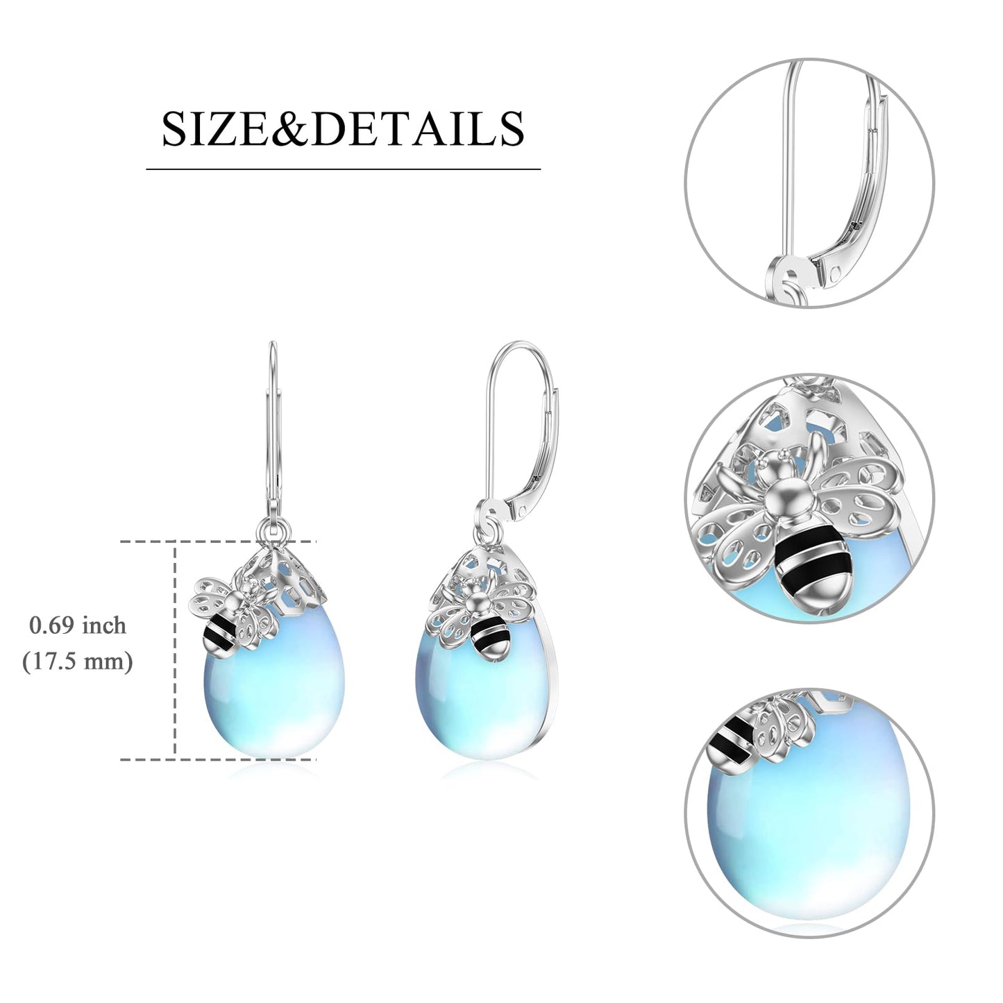 TIGERRIDER Bee 925 Sterling Silver French Clasp Earrings Moonstone Pendant Jewelry Gift for Women