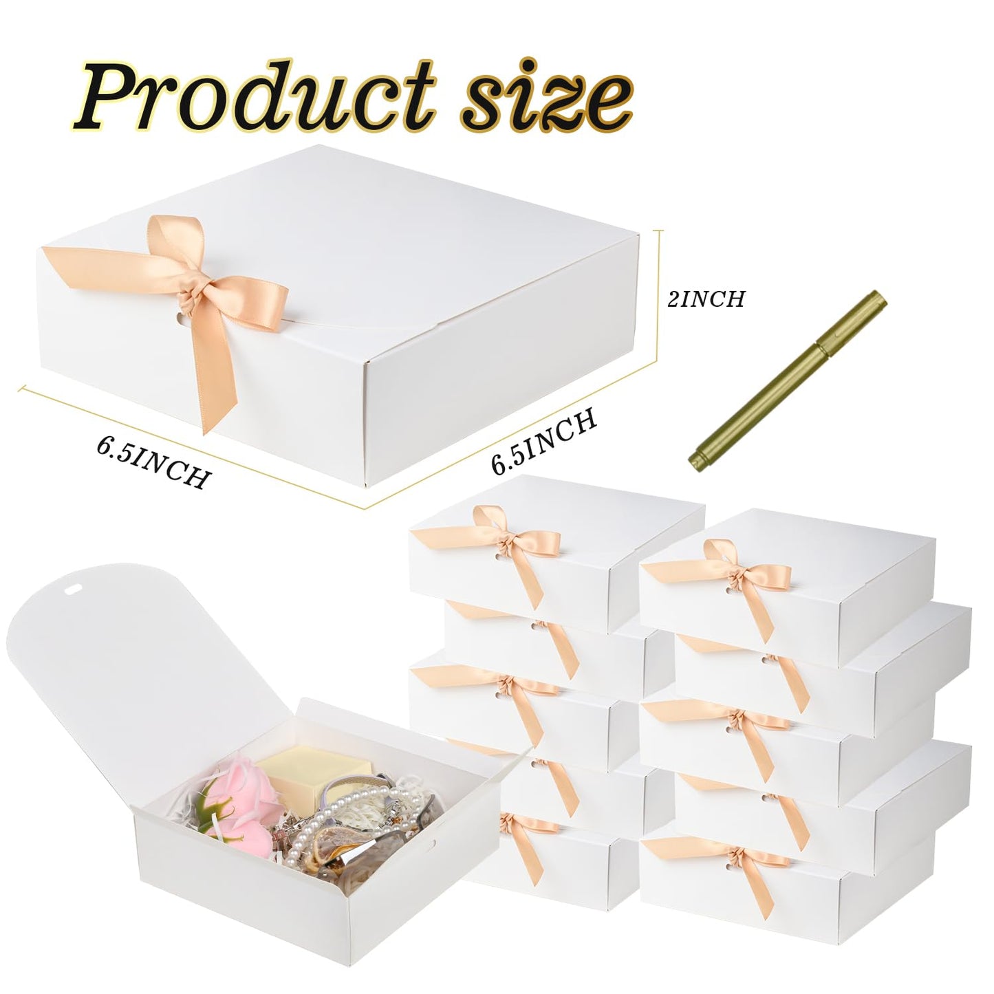 12Pack Small Gift Boxes,White Square Gift Box with Metal Pen for Candy, Chocolate, Wedding,Birthday, Baby Shower,6.5×6.5×2 Inch