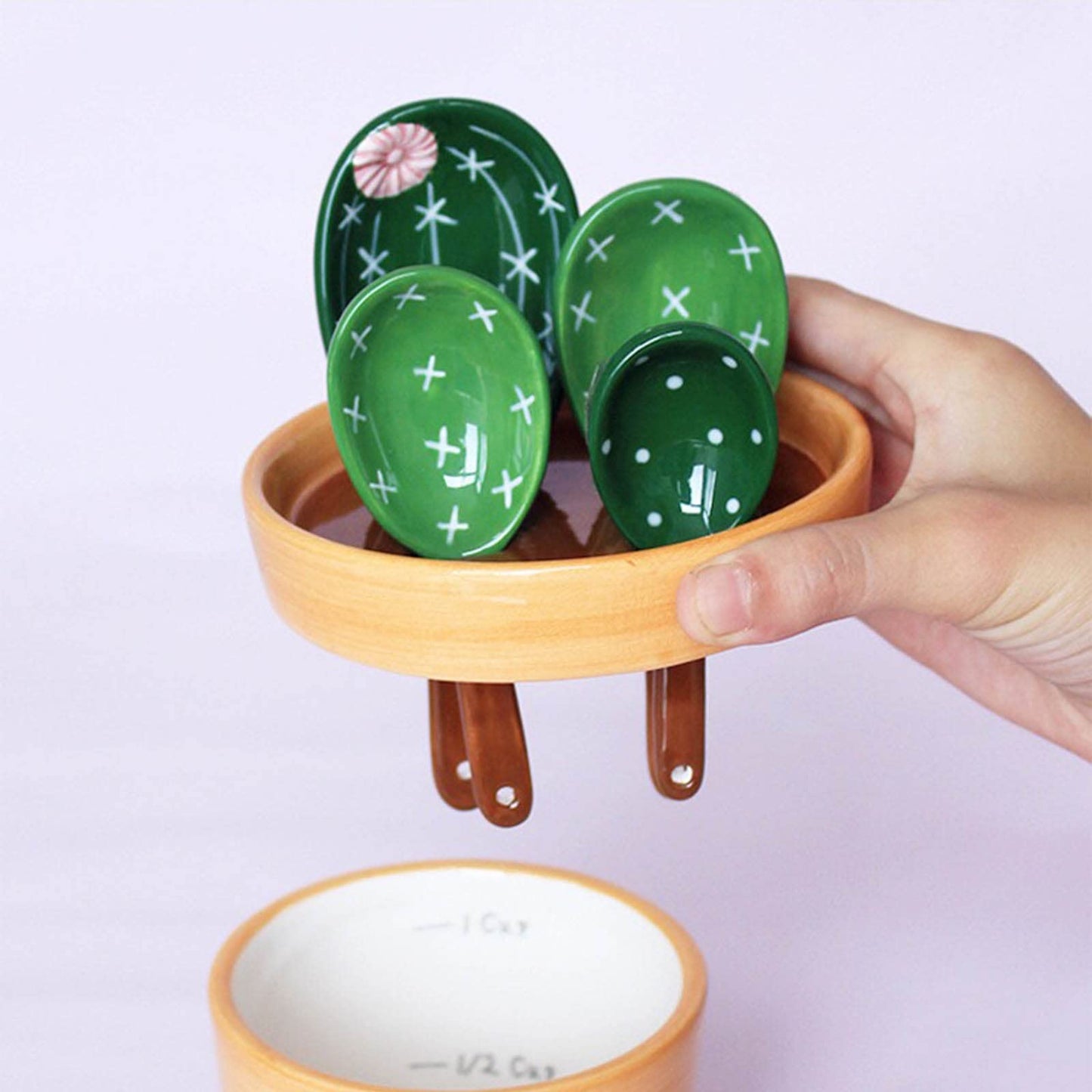 GICEY Cactus Measuring Spoons Set in Pot Ceramic Cute Small Cacti Measuring Spoons and Cups Green for Baking,Salt, Sugar Housewarming Gifts (Green）