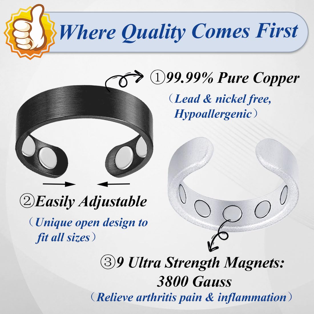 Cigmag 9X Copper Rings for Women Men, with Powerful Magnets, Adjustable Solid Pure Copper (Black & Silver Matte)