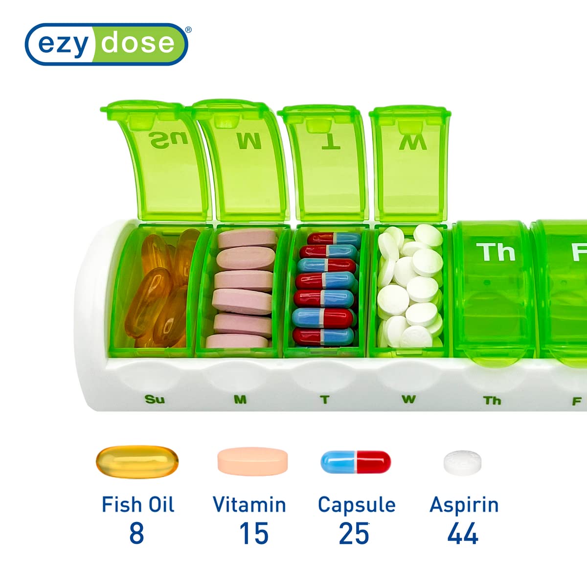EZY DOSE Weekly (7-Day) Travel Pill Case, Medicine Planner, Vitamin Organizer Box, Convenient and Easy to Use, Removable Daily Compartments, Great for Travel, Color May Vary, BPA Free