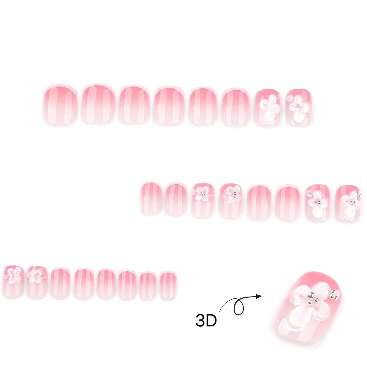 Pink Press on Nails Short Square Fake French Tip Nails wtih Cute Flower Design Acrylic Full Cover Stick on False Nails for Women Manicure 24Pcs