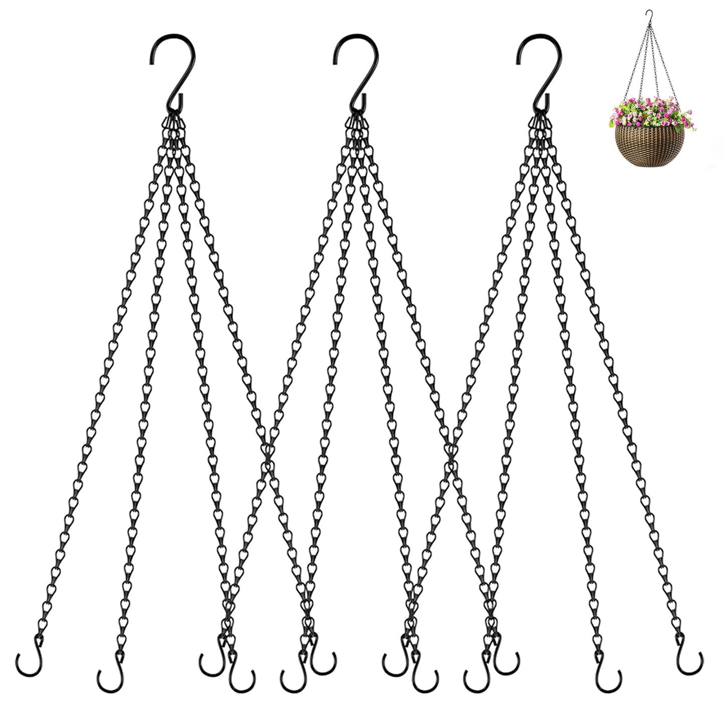 Geehouz 3 Pack 23 Inch Plant Hanger Chains with Hooks - Replacement Hanging Basket Chains for Flower Pots, Planters, Bird Feeders & Lanterns, Indoor/Outdoor Use (Black)