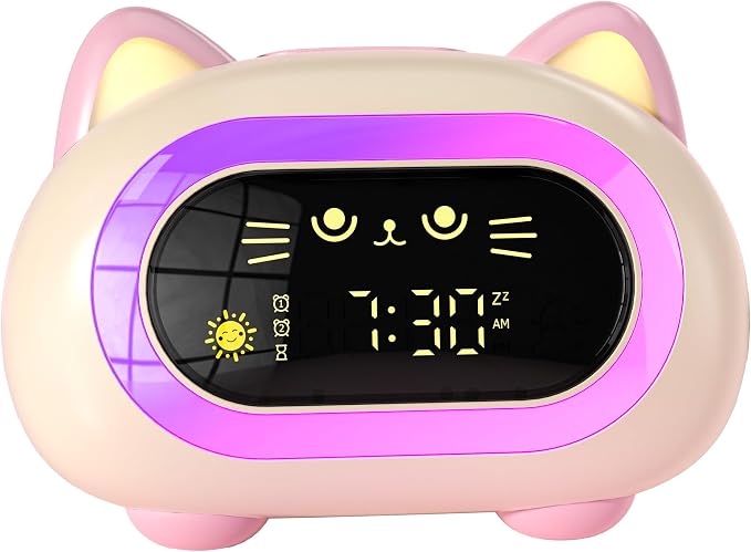 ANALOI Alarm Clock for Kids, Kids Alarm Clocks for Girls with Sleep Training Dual Alarm Eye Protection Auto Off Timer 10 Color Night Light, Cat Ok to Wake Clock, Gifts for Kids Girls