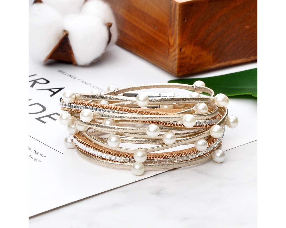 Fesciory Leopard Bracelet for Women, Boho Leather Wrap Multi-Layer Pearl Crystal Bracelet Bangle Jewelry(Pearl)