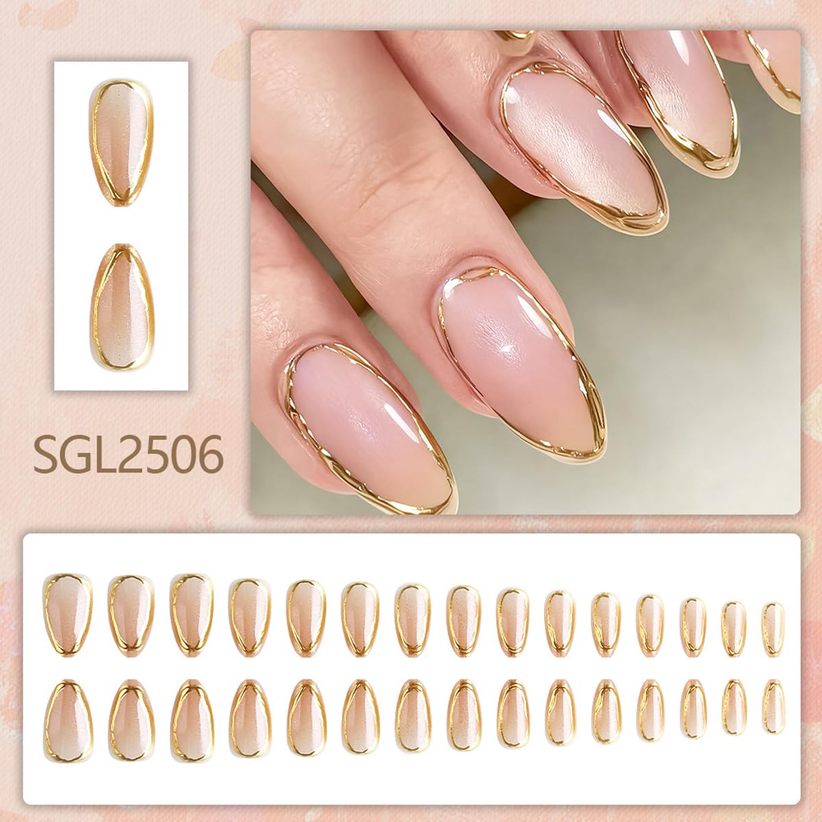 Gold Chrome Press on Nails Medium Almond Fake Nails with Design Full Cover Stick on Nails for Women Manicure,Reusable | Artificial | Nail Sticky Tabs | Easy Apply | 24Pcs