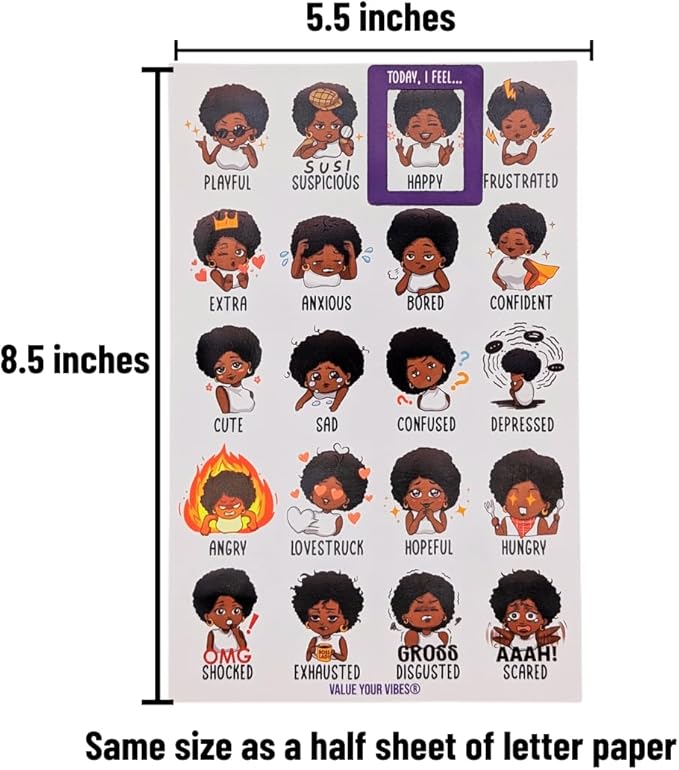 Daily Vibe Check Magnet - Black Feelings & Emotions Chart - 8.5” x 5.5” - Two-Piece Magnet Set (Female)
