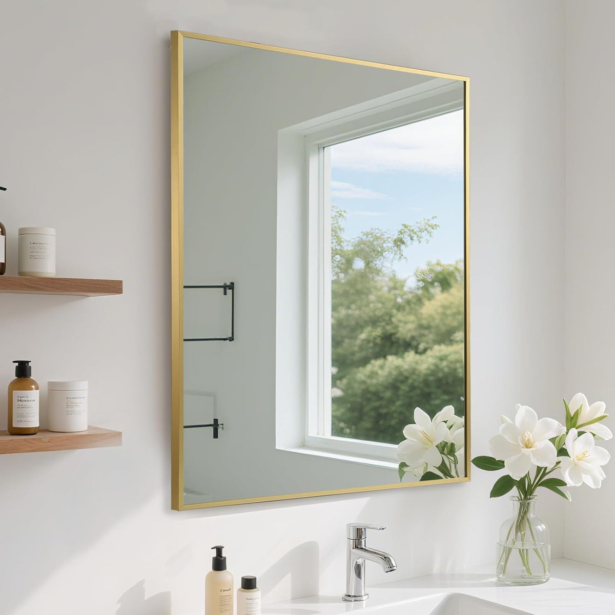 FARMER 24x32 Inch Gold Bathroom Mirror, Rectangle Wall Mounted Mirror, Vanity Mirror, Brushed Square Mirror, Framed Bathroom Mirror for Bedrooms, Entryways, Living Rooms, Horizontal/Vertical
