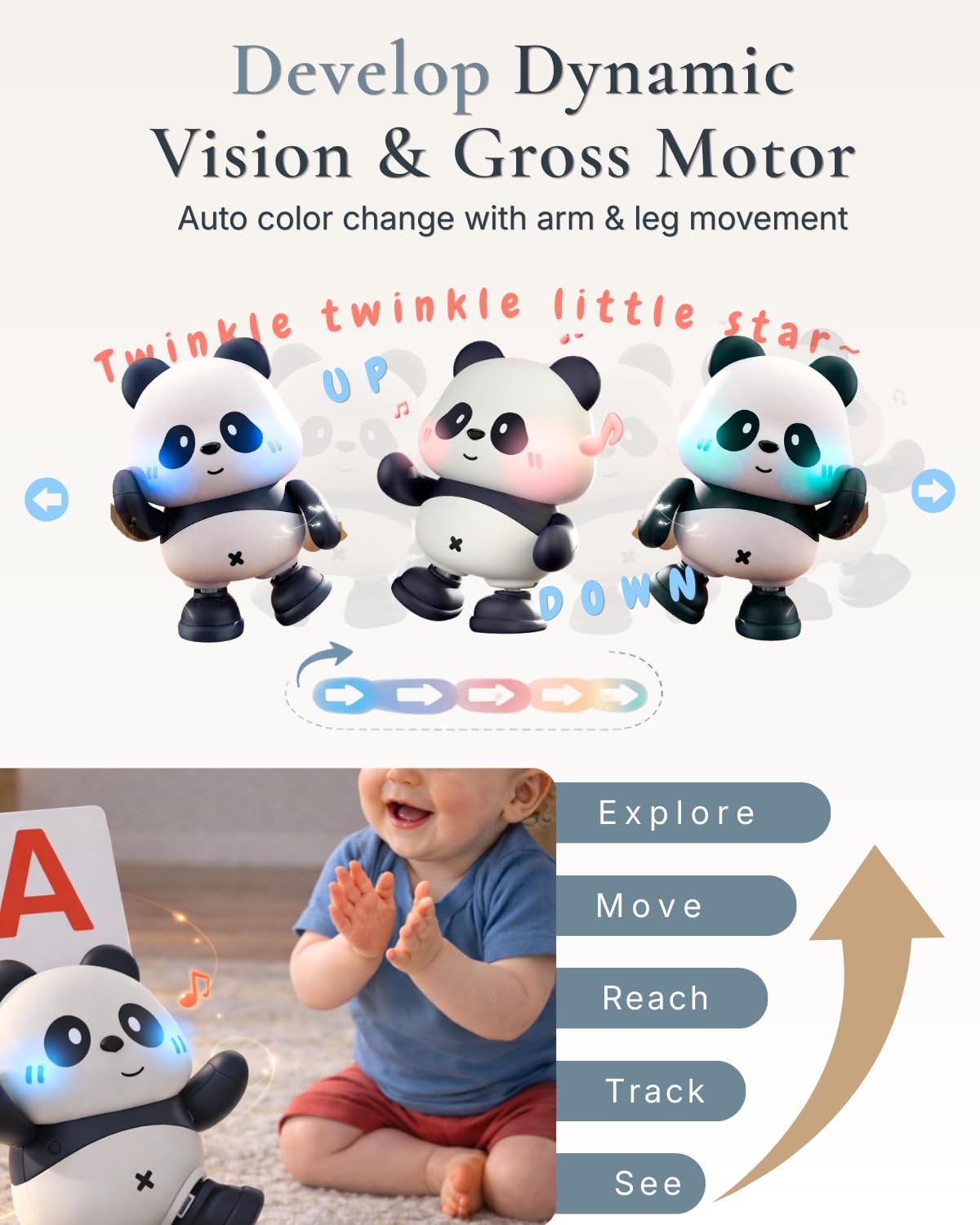 Cuddobaby Dancing Panda | 0-6M 6-12M Musical Toys, Changing Lights| Independent Tummy Time | Hands-Free High Contrast Flash Card Holder for Newborns, Crawling Encourage for Infants