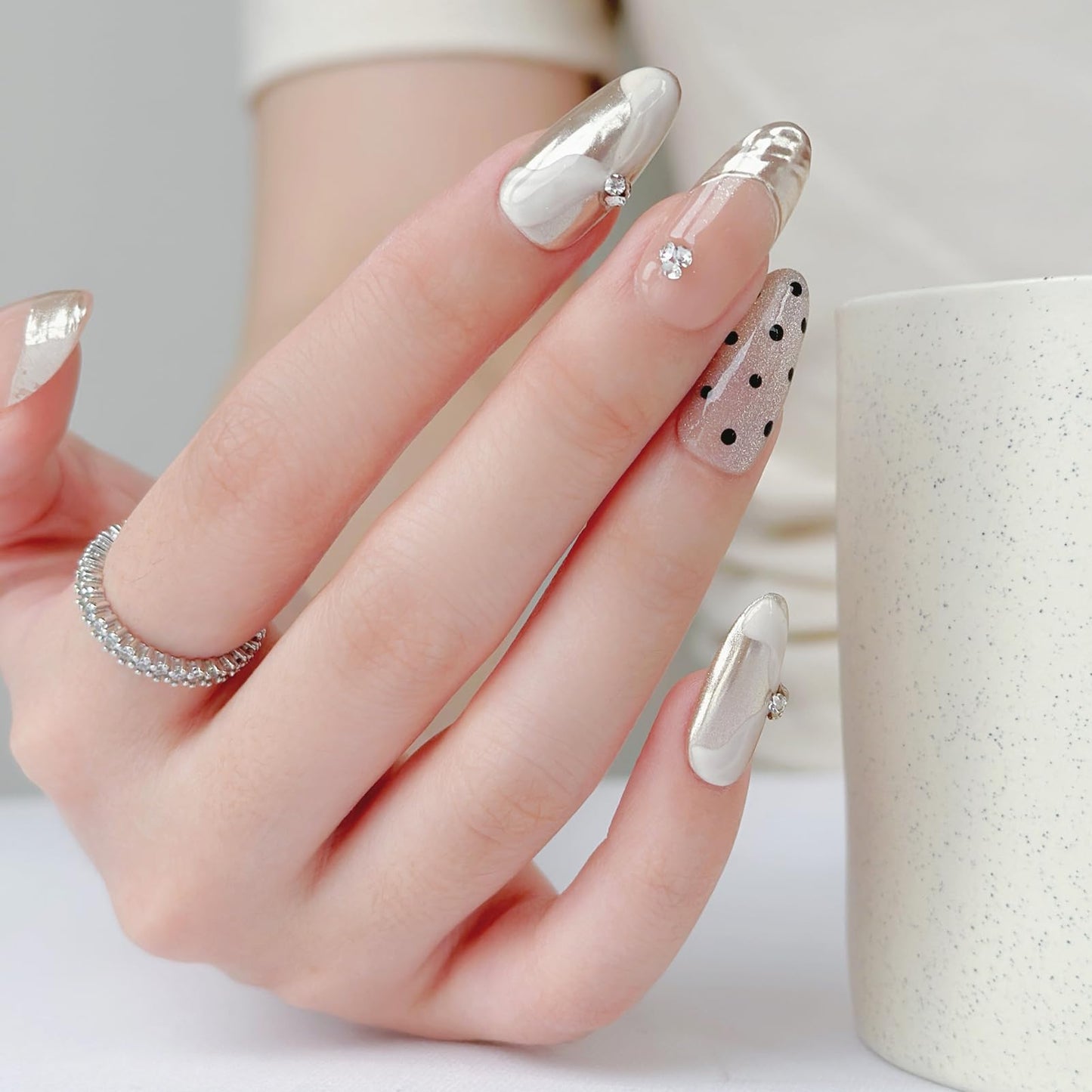 LARSOOY Nails Handmade Press on Nails Almond | Handmade Nails with Polka Dots Design | Reusable Fake Nails for Cool Girls | False Nails 10 Pcs(Golden Toe Shoe, S)