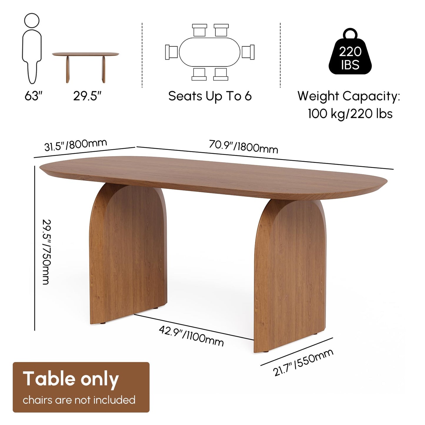 homary Japandi Oval Dining Table for 6, 70.9" Solid Pine Wood Kitchen Table, Modern Mid Century Minimalist Kitchen & Dining Room Table, Double Pedestal Base, Walnut