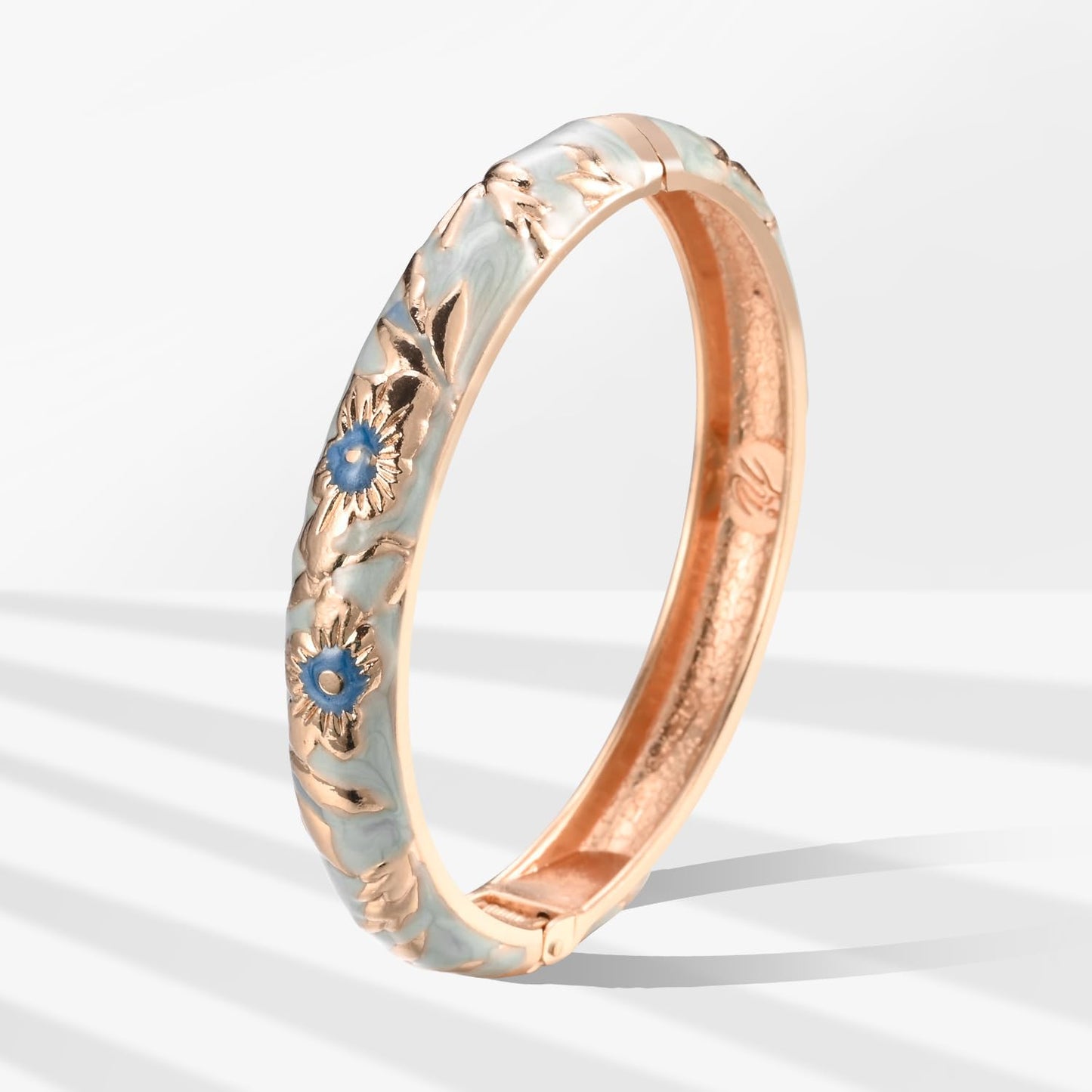 UJOY Enamel Flower Bracelet Colors Rose Plated Spring Cuff Bangle Cloisonne Jewelry for Women 55A103 Light Blue