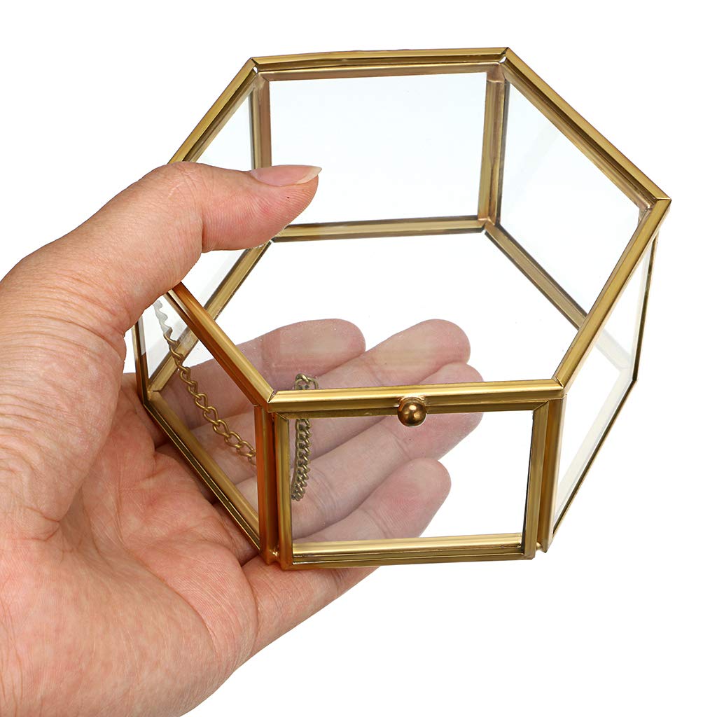 Hipiwe Preserved Flower Glass Box, Hexagon Glass Jewelry Decorative Bin, Ornate Trinket Display Organizer Case Keepsake Box Gift for Women