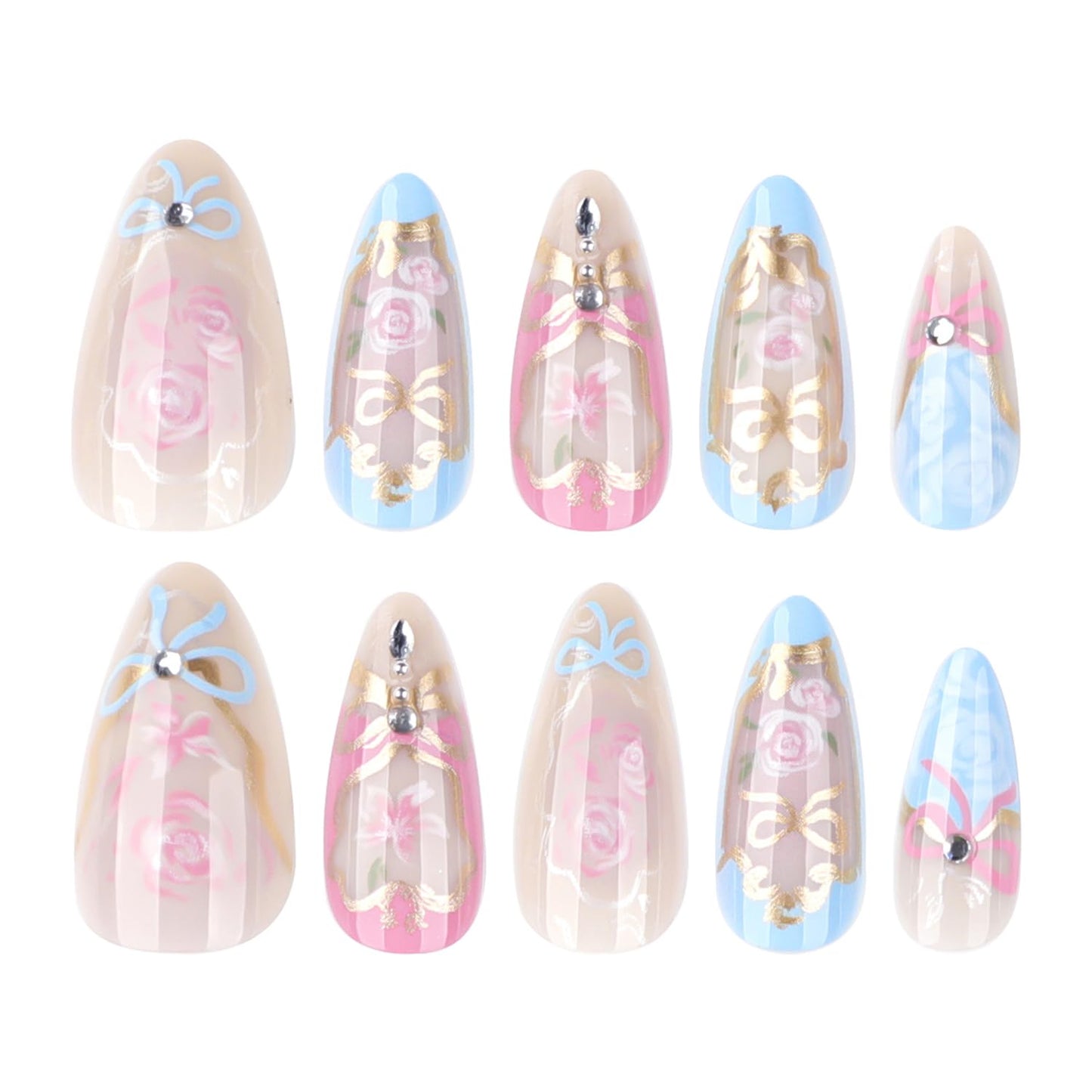 24Pcs Flower Press on Nails Medium Almond Fake Nails Pink Rose Bow Rhinestones with Heart Love Floral Designs Full Cover Reusable Artificial Cute Stick on Nails Handmade False Nails for Women