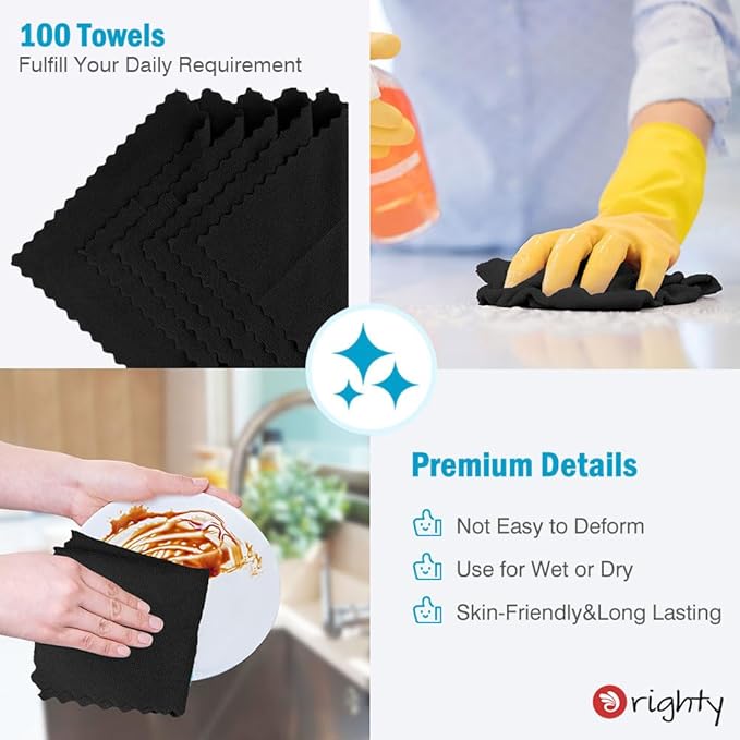 Orighty Black Microfiber Cleaning Cloth, 100 Pack Highly Absorbent Cleaning Supplies, Lint Free Kitchen Towels Cleaning Rags, Microfiber Towels for Cars, House, Window, 12x12 inch