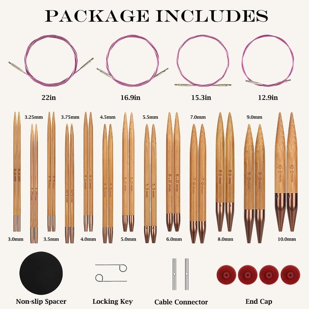 Yarniss Bamboo Circular Knitting Needle with Case,13 Pair Interchangeable Knitting Needles with Flexible Cables 3.5mm~10.0mm, 4-Inch Round Knitting Needle US Size 2.5~15