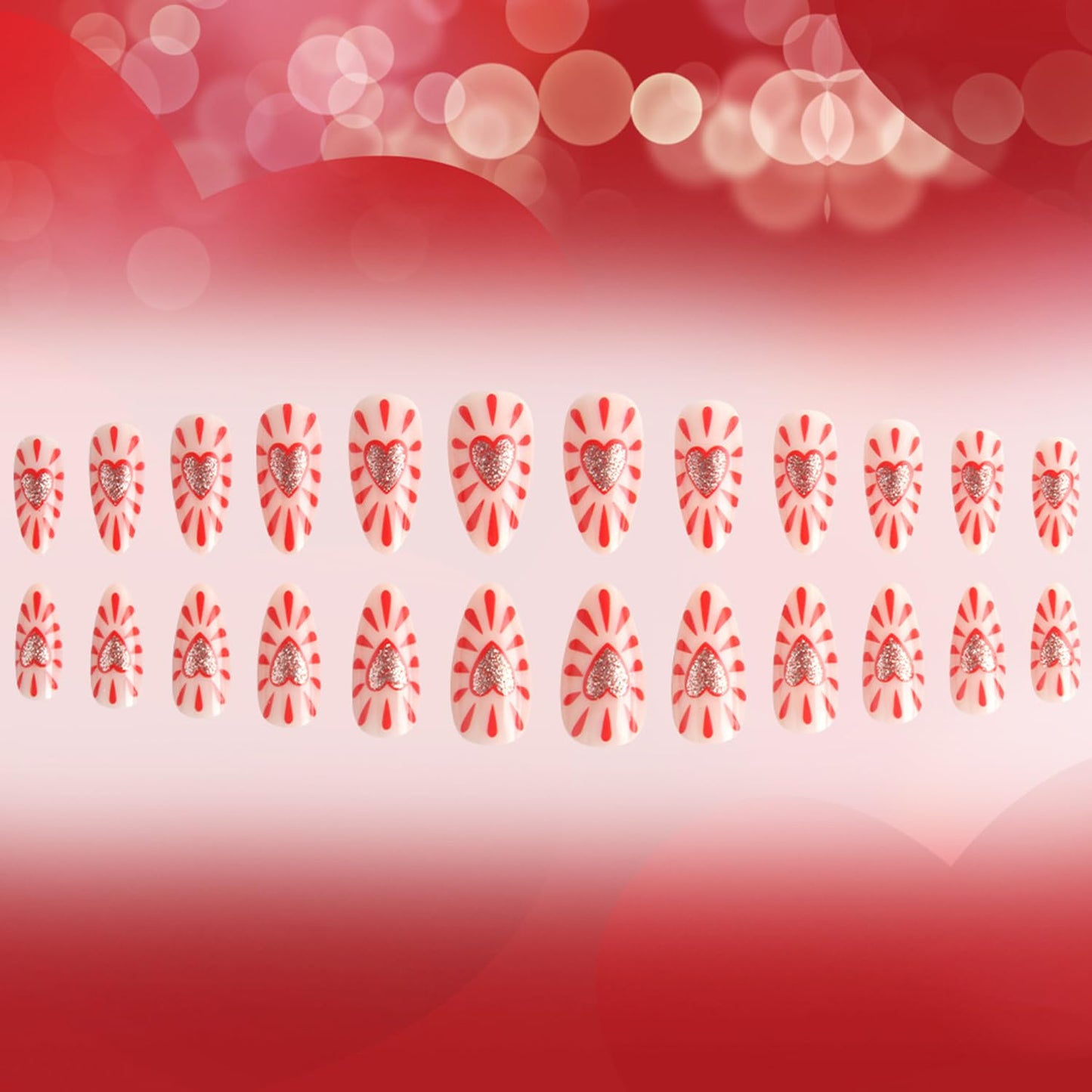 CJDLTS 24Pcs Valentines Press on Nails Short Artificial Acrylic False Nails Red Love Stripe Glossy Almond Full Cover Reusable Coffin Artificial Fingernails Stick on Nail for Women Festival Manicure