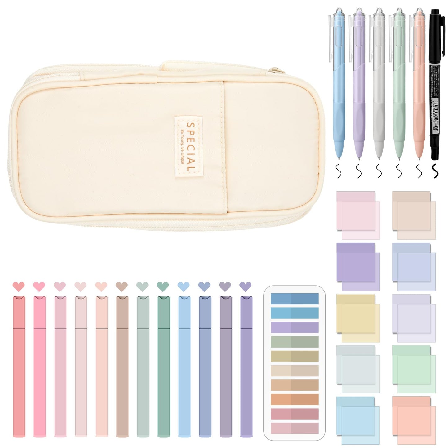 Jutom 39 Pcs Aesthetic Book Annotation Kit Highlighter with Pencil Case Bag Gel Pen Transparent Sticky Note Taking Bible Study College School Supplies(Cream,Cute Style)