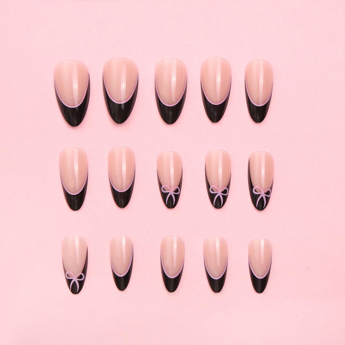 Medium Almond Press On Nails - Black French Tip with Bow Design, 24Pcs - Reusable, Easy Apply