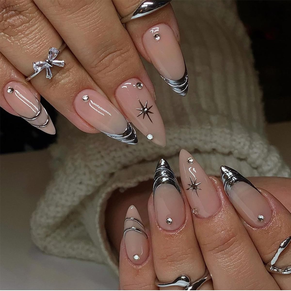 Silver Press on Nails Almond Fake Nails Medium Length False Nails Press ons with Star,Lines Design,Reusable Artificial Nail Full Cover Glossy Glue on Nail Stick on Nails for Women Manicure 24 Pcs