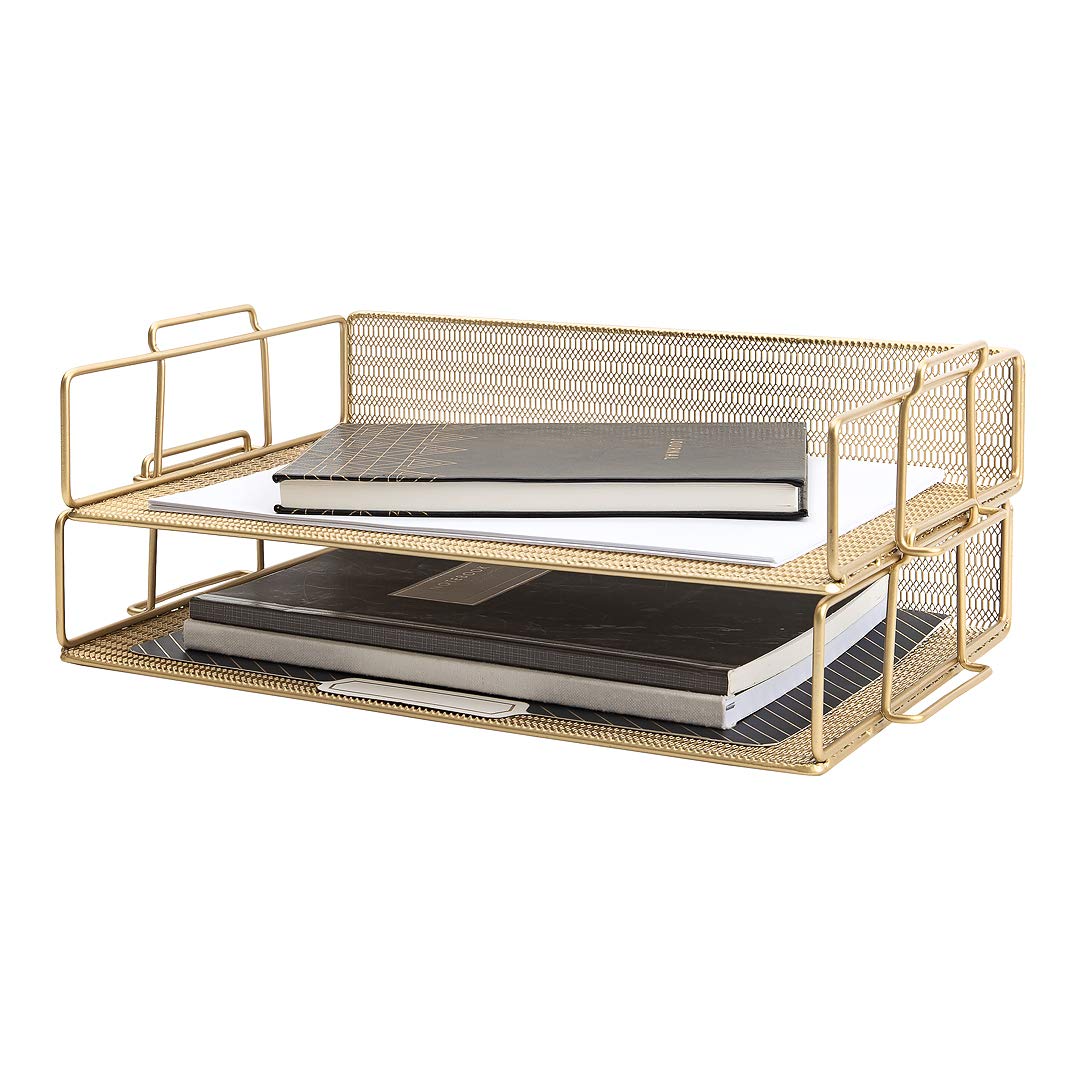 BLU MONACO | Paper Tray Stackable Gold Mesh Set of 2 | Stackable File Trays for Desk Organization | Tiered Desk Organizer with Metal Letter Trays