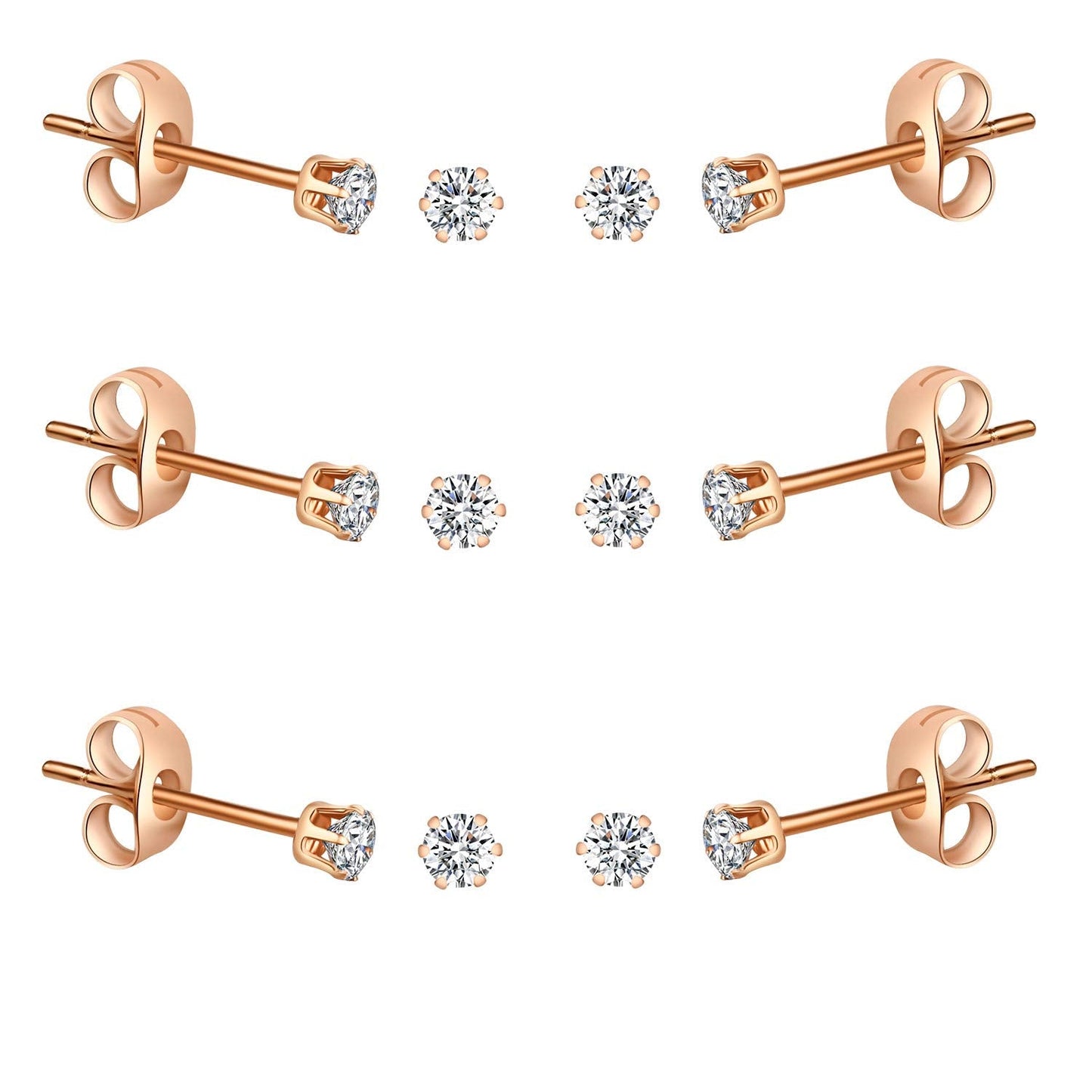 FOSIR 6 Pairs Tiny Women's 14K Rose Gold Plated Stainless Steel Round Clear Cubic Zirconia Stud Earrings