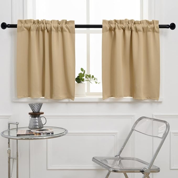 Pickluc Beige Cafe Curtain (Half Window Curtain) 30 Inches Length, Rod Pocket Small Kitchen Curtain, Short Blackout Curtain for Small Window, 30" Wide and 30" Long, 2 Panels
