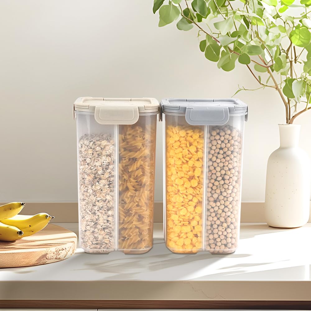2 Packs Pasta Cereal Storage Containers, 2.5L Airtight Grain Dispenser with Lids, Spaghetti Container Storage with 4 Compartments for Noodle, Rice, Nuts, Flour, Beans
