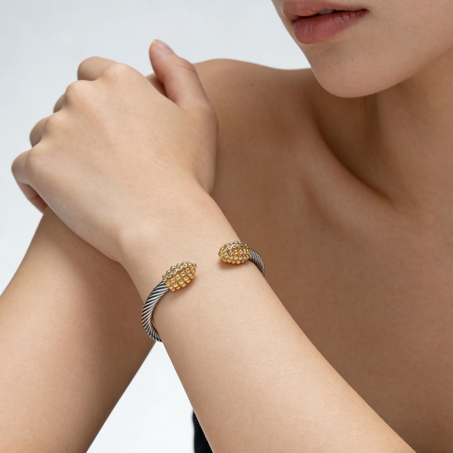 Gold Plated Cuff Crystal Bracelet, Stackable Bangles,Twisted Cable Wire Bangle Bracelets for Women, Stainless Steel Jewelry with Cubic Zirconia