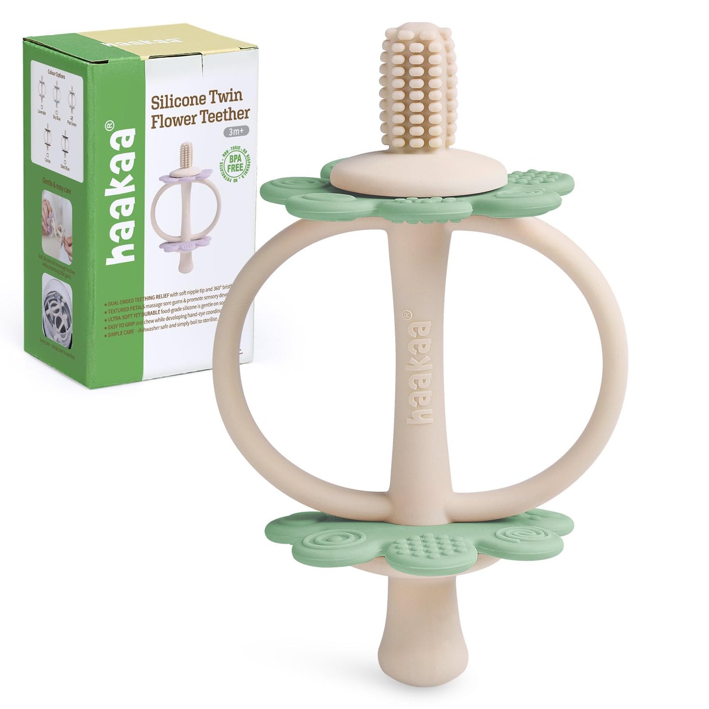 haakaa Silicone Baby Teething Toys,Nipple-Shaped End for Gum Massage,360° Baby Toothbrush Head for Self-Brushing Training,Easy to Grip-Pea Green
