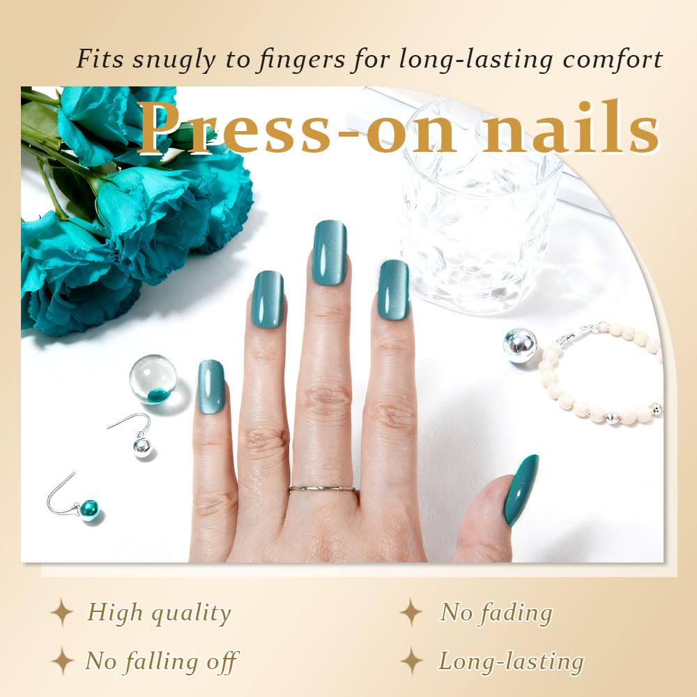 Light Cyan Cat Eye Press on Nails Medium Square, Medium Square Press Stick on Nails Chrome for Women Gift, Green Holographic Glitter Glossy Reusable Gel Acrylic Fake Nail with Designs Cateye Effect