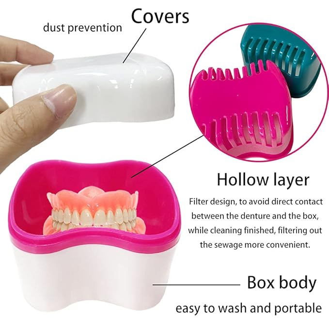 Denture Case Kit with 2 Bath Cups, 2 Brushes & 2 Portable Toothbrush Boxes, Retainer Cleaning Boxes with Lid