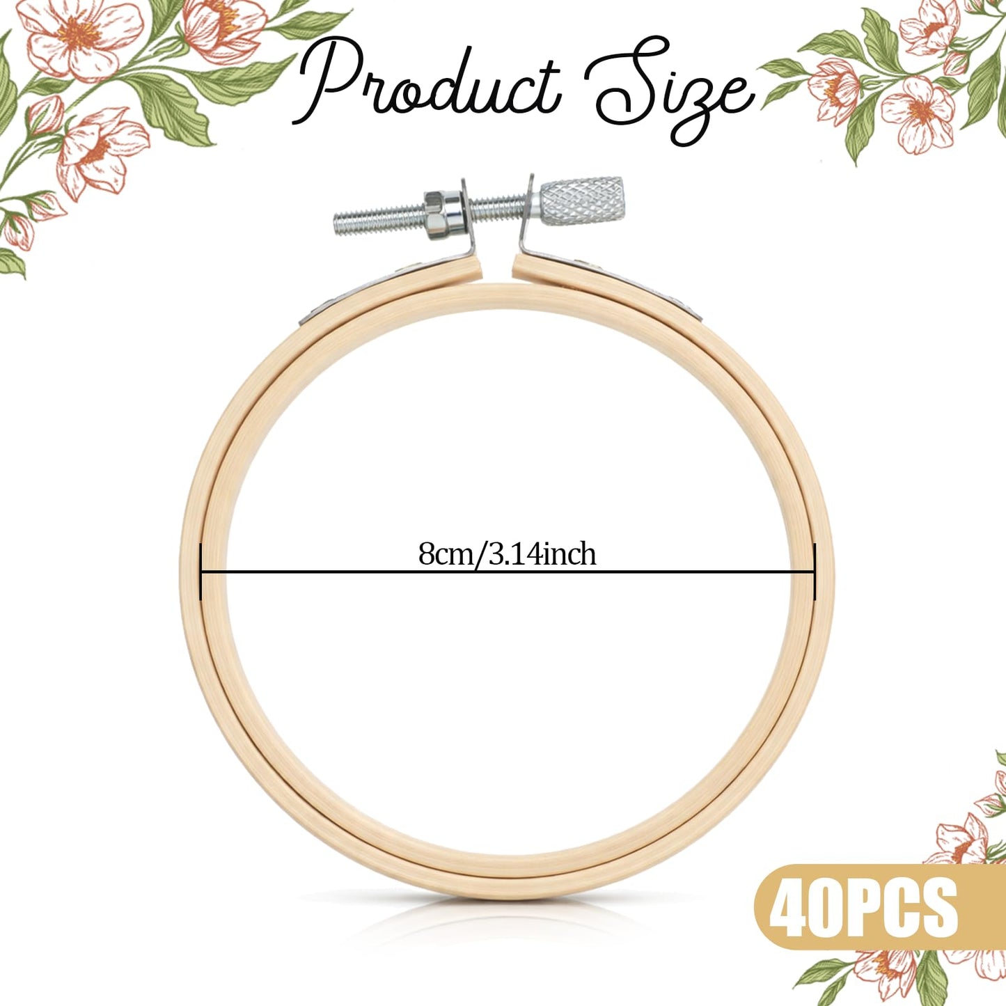 40 Pieces 3 Inch Embroidery Hoops Adjustable Bamboo Circle Cross Stitch Hoop Ring Circle Mini Embroidrey Hoops for Embroidery Art Craft Sewing