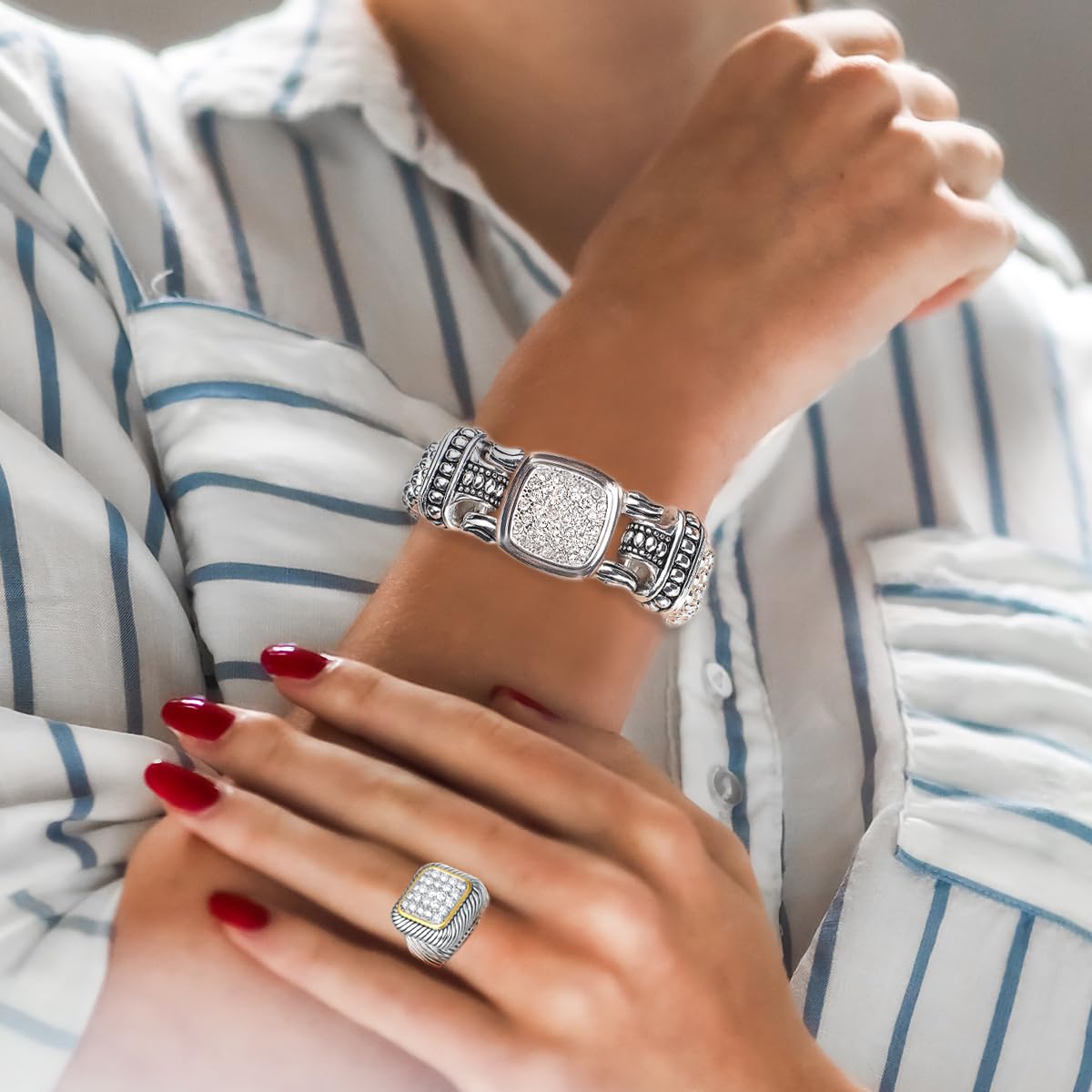 UNY JEWEL Pave Crystals Designer Inspired Statement Popcorn Chain Bracelets Women Jewelry Magnetic Clasp (Silver 6.75 Inch)