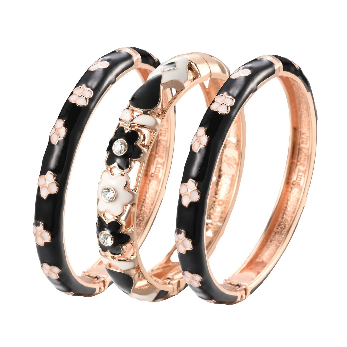 UJOY Vintage Cloisonne Bracelet Beautiful Flower Enamel Hinge Plated Rose Bangles Jewelry for Women's Gifts 88A18 3pcs Black