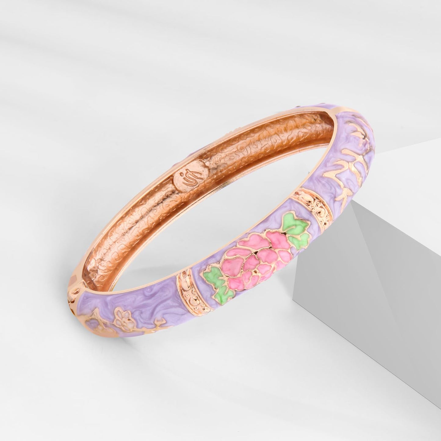 wynameleri Vintage Jewelry Cloisonne Handcrafted Enameled Gorgeous Rhinestone Flower Hinged Cuff Bracelet Bangles Gifts 88A08-55A127 Cream Purple