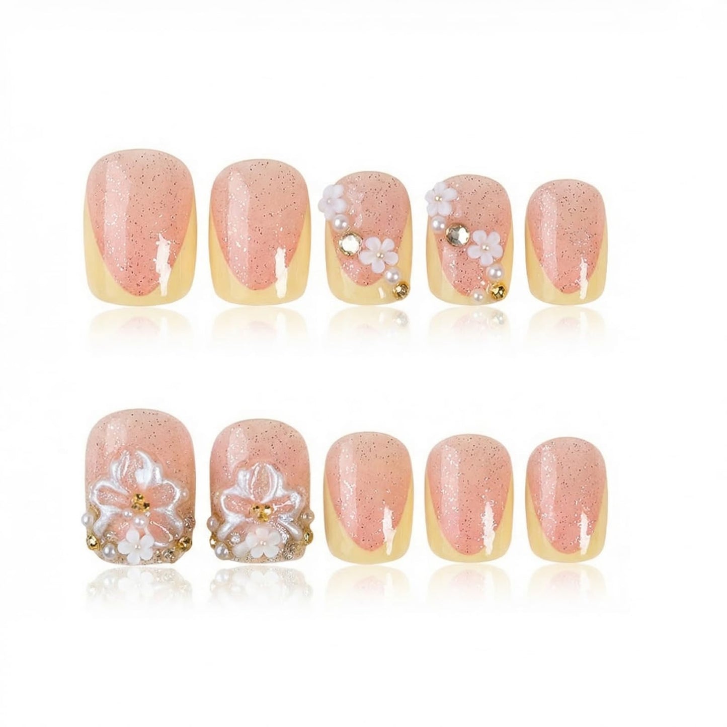 IMSOHOT Short Square Press on Nails - 24Pcs Glossy French Tip Fake Nails with 3D Flower and Rhinestone Accents, Pink Spring Design