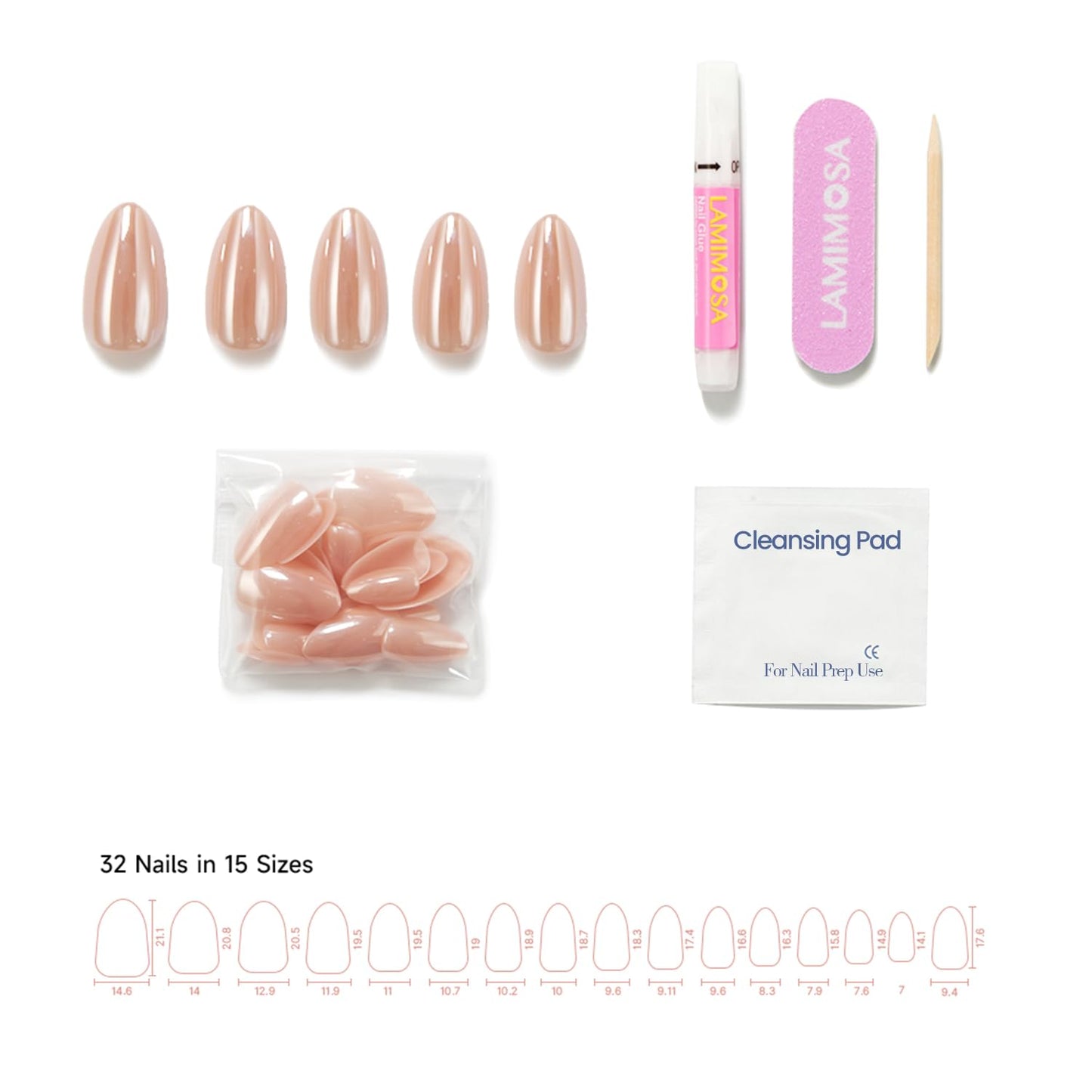 LAMIMOSA 32Pcs Chrome Press On Nails Short Almond - Soft Gel Fake Nails in 16 Sizes, Reusable Glue on Nails Kit, GLAZED SUNSET